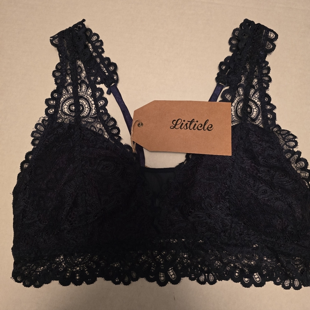 Listicle Lace Bralette Size Large Adjustable Navy Blue NWT